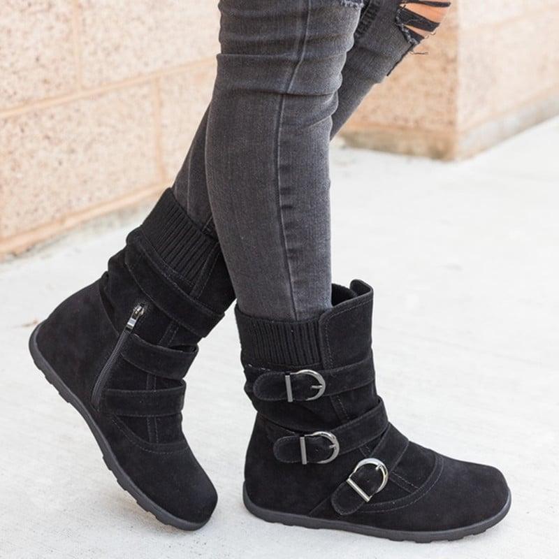 Damen Winterstiefel Mit Rundem Zeh, Flachem Absatz Und Riemen-Schnallen-Design