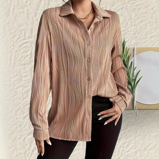 Women's Plus-Size Long-Sleeve Shirt with Turn-Down Collar and Button Placket