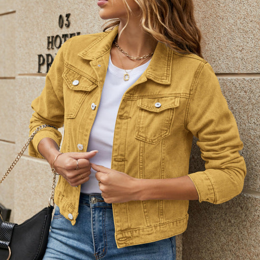 Damen-Denimjacke mit Reverskragen und Knopfverschluss – Langarm-Design