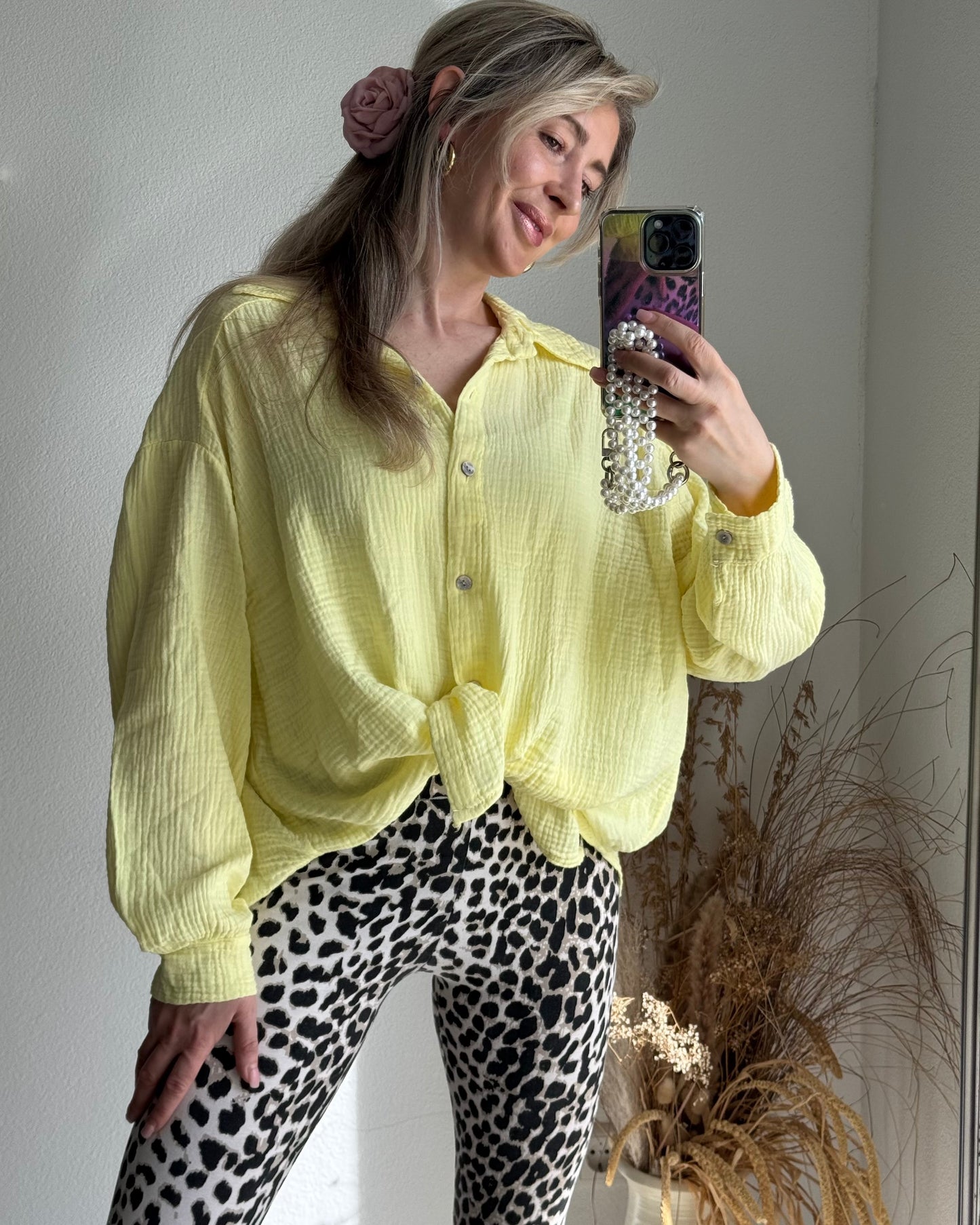 Women's Blouse Oversized Loose Fit Long Sleeve Pastel Yellow – Cotton Style