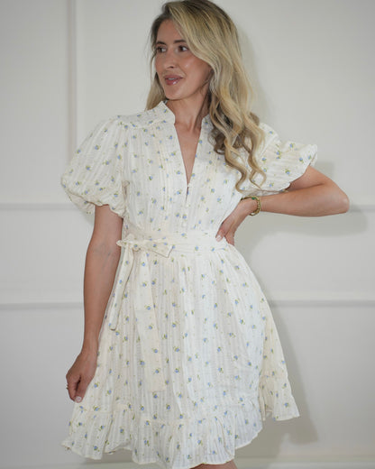 Damen-Sommerkleid Mit Blumenmuster, Puffärmeln, Elastischem Rücken Und Bindegürtel