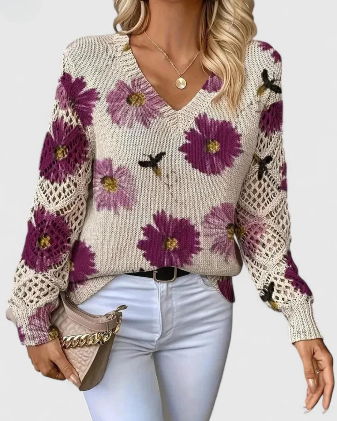 Damen Pullover Mit Durchbrochenen Ärmeln Und Weicher Struktur