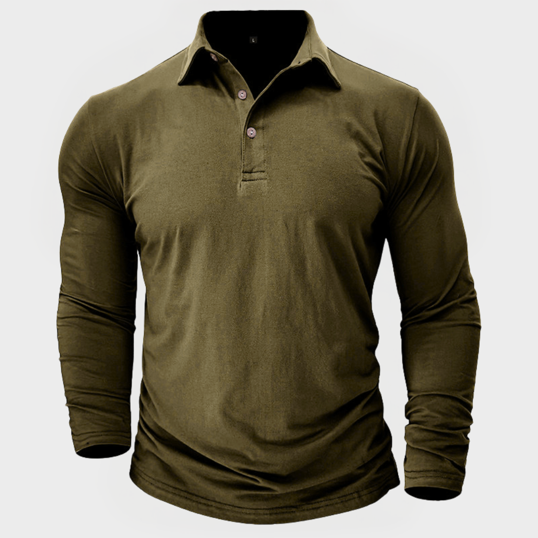 Herren-Poloshirt Mit Langen Ärmeln, Knopfkragen, Strukturierte Passform