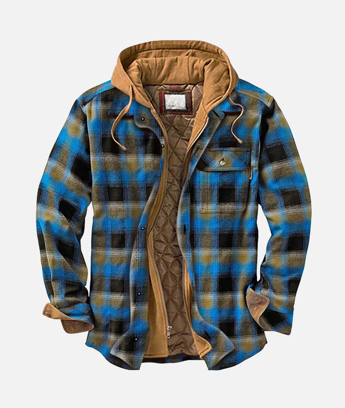 Blau-karierte Herrenjacke mit Kapuze, gefüttert, aus Baumwolle, ideal für Herbst und Winter. Modische Outdoor-Bekleidung, warm und bequem.