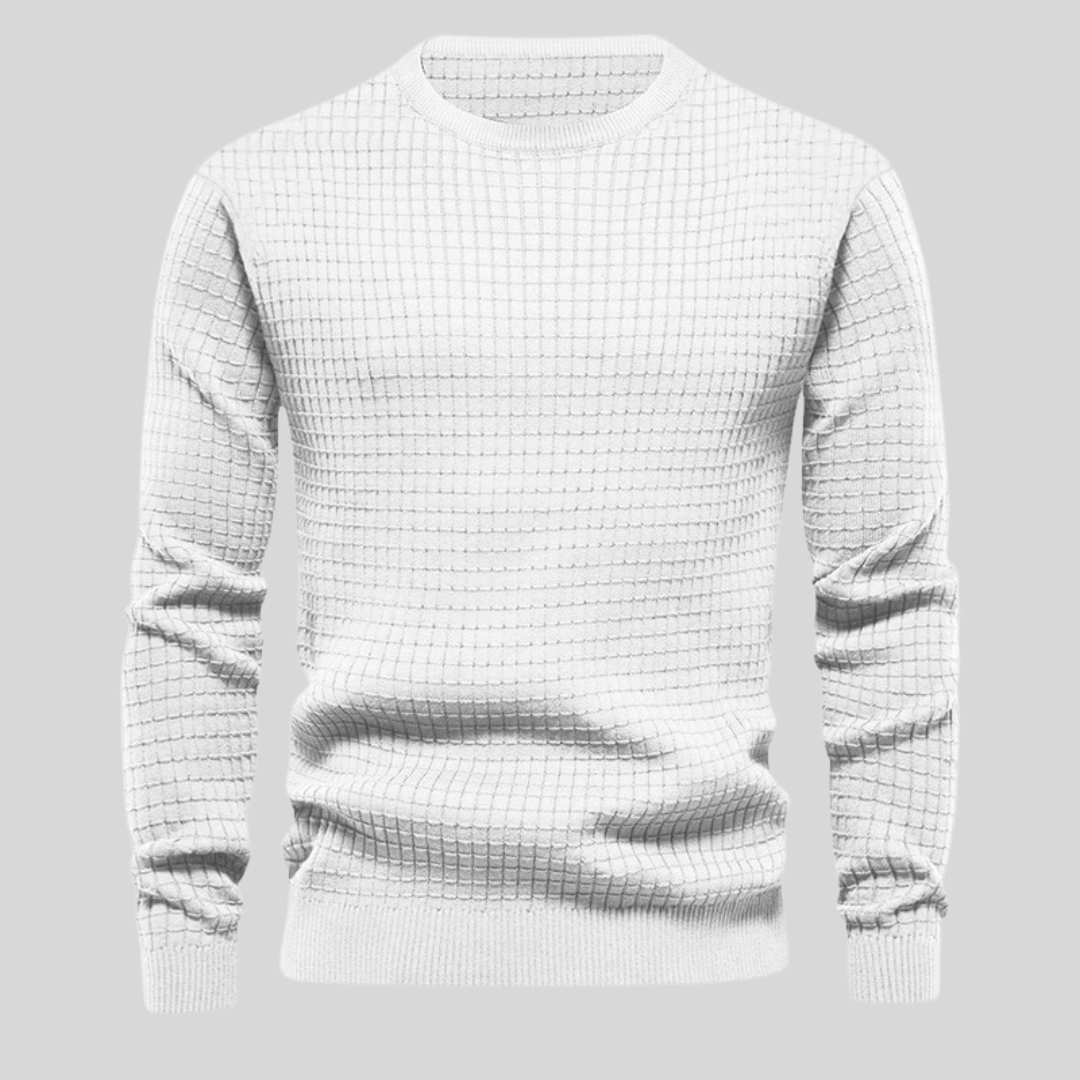 Weiße Strickpullover für Herren, Rundhalsausschnitt, modernes Waffelmuster, langärmlig, stilvoll und bequem, ideal für Herbst- und Wintermode.