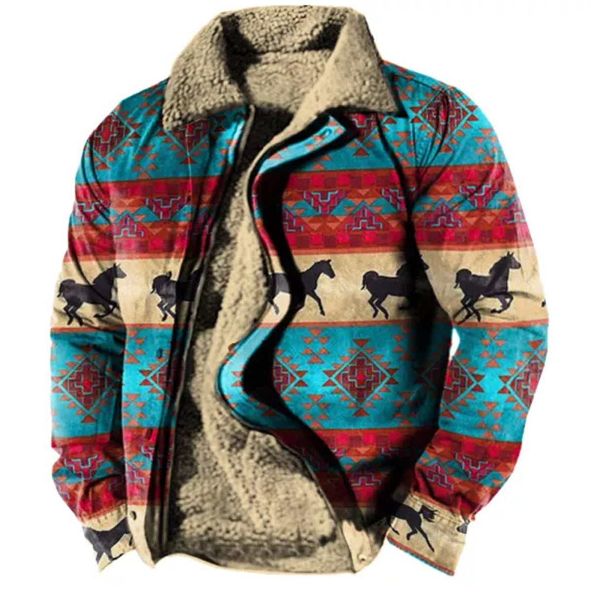 Bunte Herrenjacke mit Pferdemuster und Ethno-Design, gefüttert mit warmem Fleece. Ideal für Herbst und Winter, modisch und funktional.