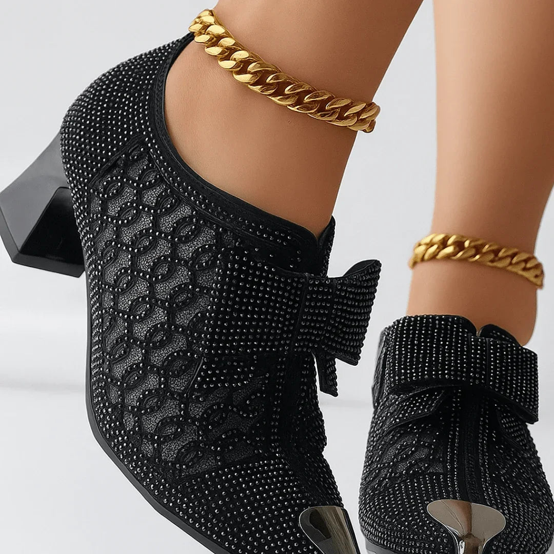 Women's pumps with rhinestone bow, pointed toes, and 6-cm block heel