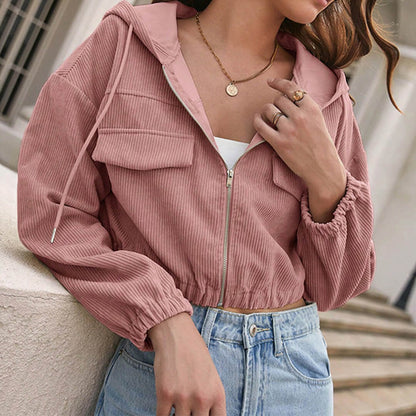 Damen-Cordjacke in Cropped-Form mit Kapuze und Frontreißverschluss