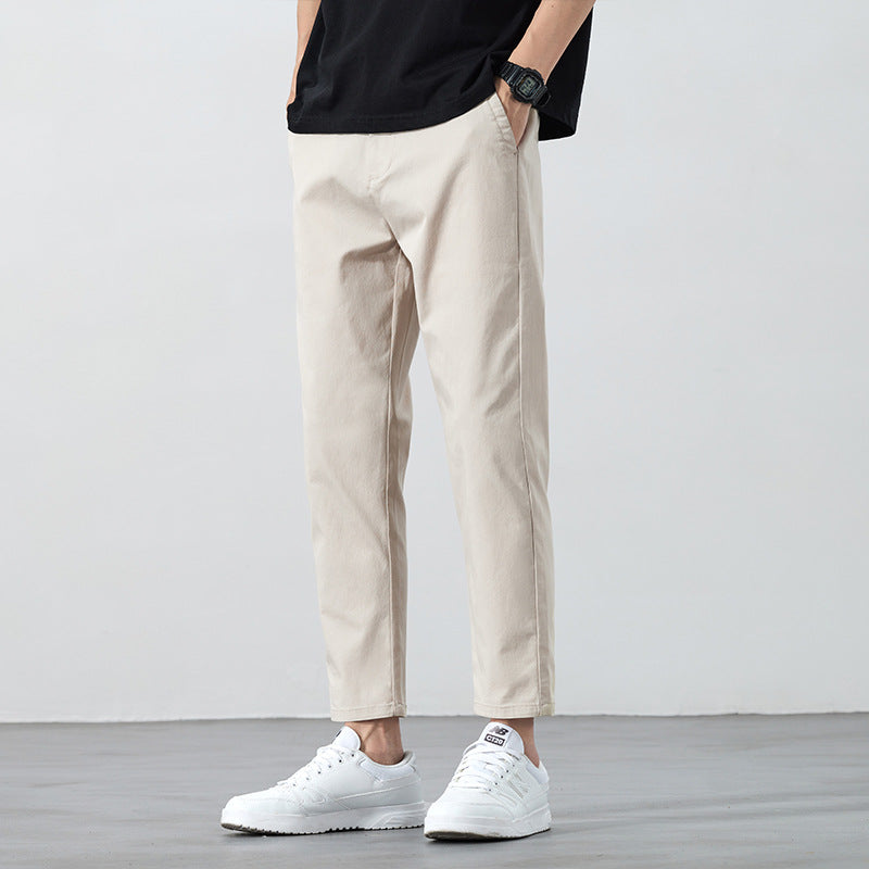 Men's Summer Cropped Straight Leg Mid Waist Micro Elastic Casual Pants Solid Color Lightweight Trousers