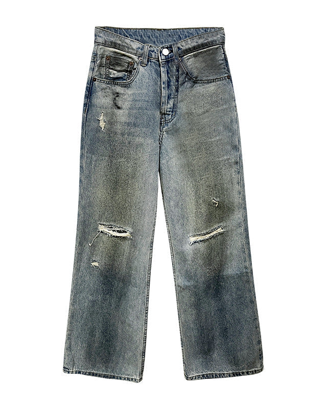 Women's Retro Straight-Leg Jeans with Ripped Design in Denim Mix