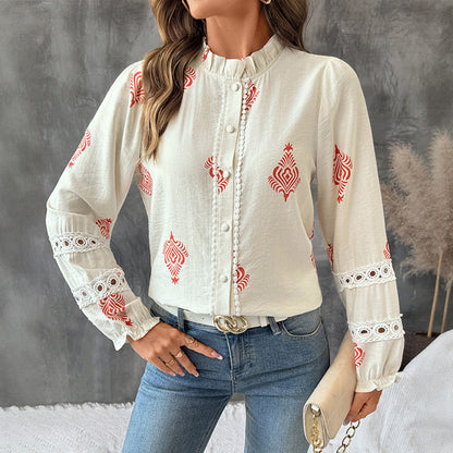 Women's Long-Sleeve Shirt with Ethnic Pattern and Standing Collar