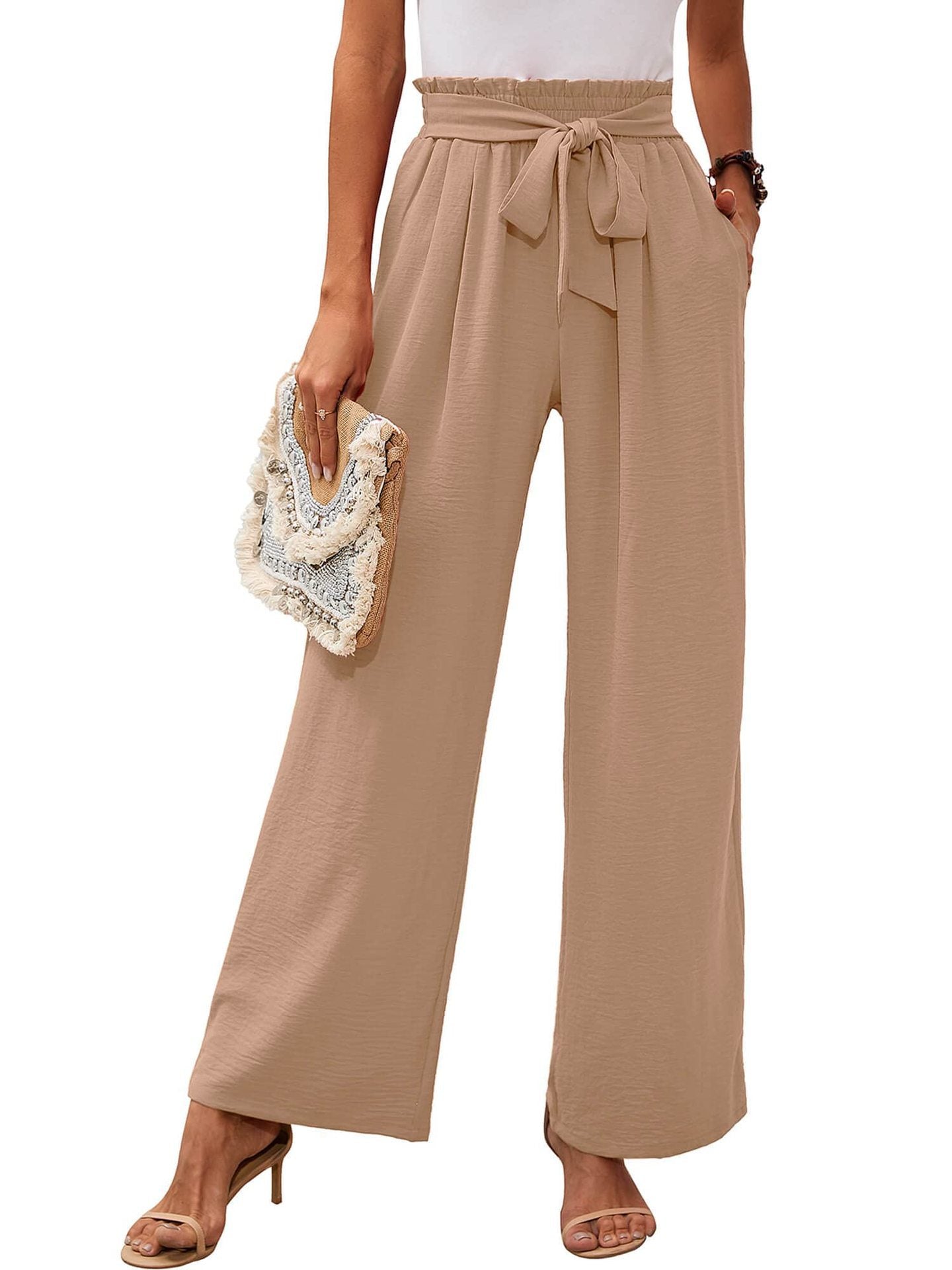 Damen-Hose mit hohem Bund, geknotetem Bund und weitem Bein – Klassischer Stil