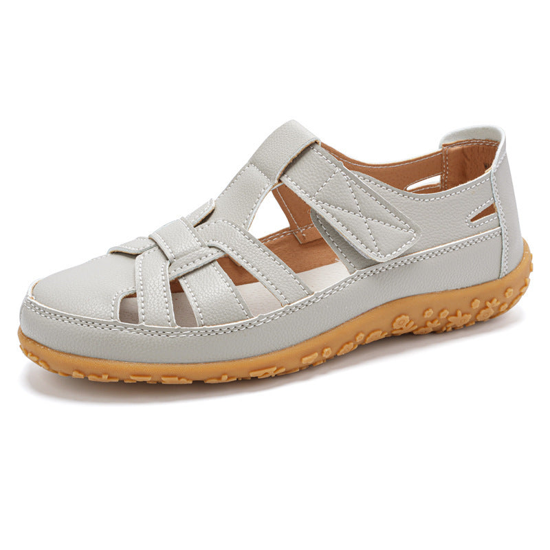 Retro-Sandalen Für Damen Mit Klettverschluss, Flacher Form, Runder Zehenpartie Und Weicher Sohle