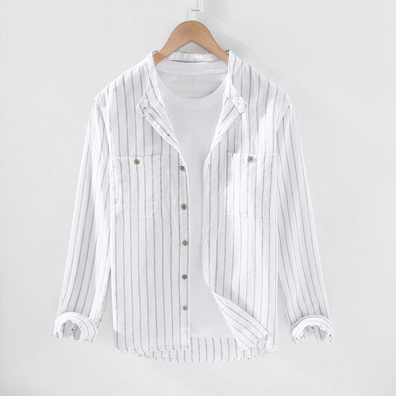 Men's Long-Sleeve Shirt with Standing Collar, Double Pockets, and Stripes