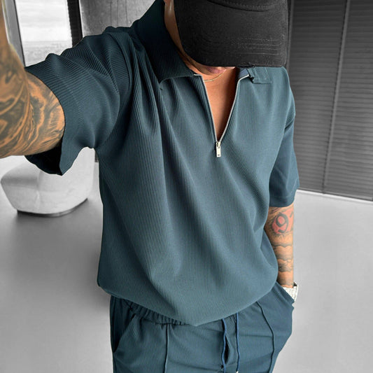 Herren Poloshirt Mit Reißverschluss, Shorts Mit Kordelzug, Zweiteiliges Set Aus Baumwollmischung, Sportliches Freizeitoutfit Für Den Sommer