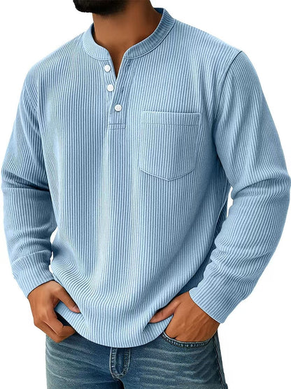 Herren Langarm Henley Shirt mit Drei Knopf Kragen – Strukturierte Oberfläche Normale Passform