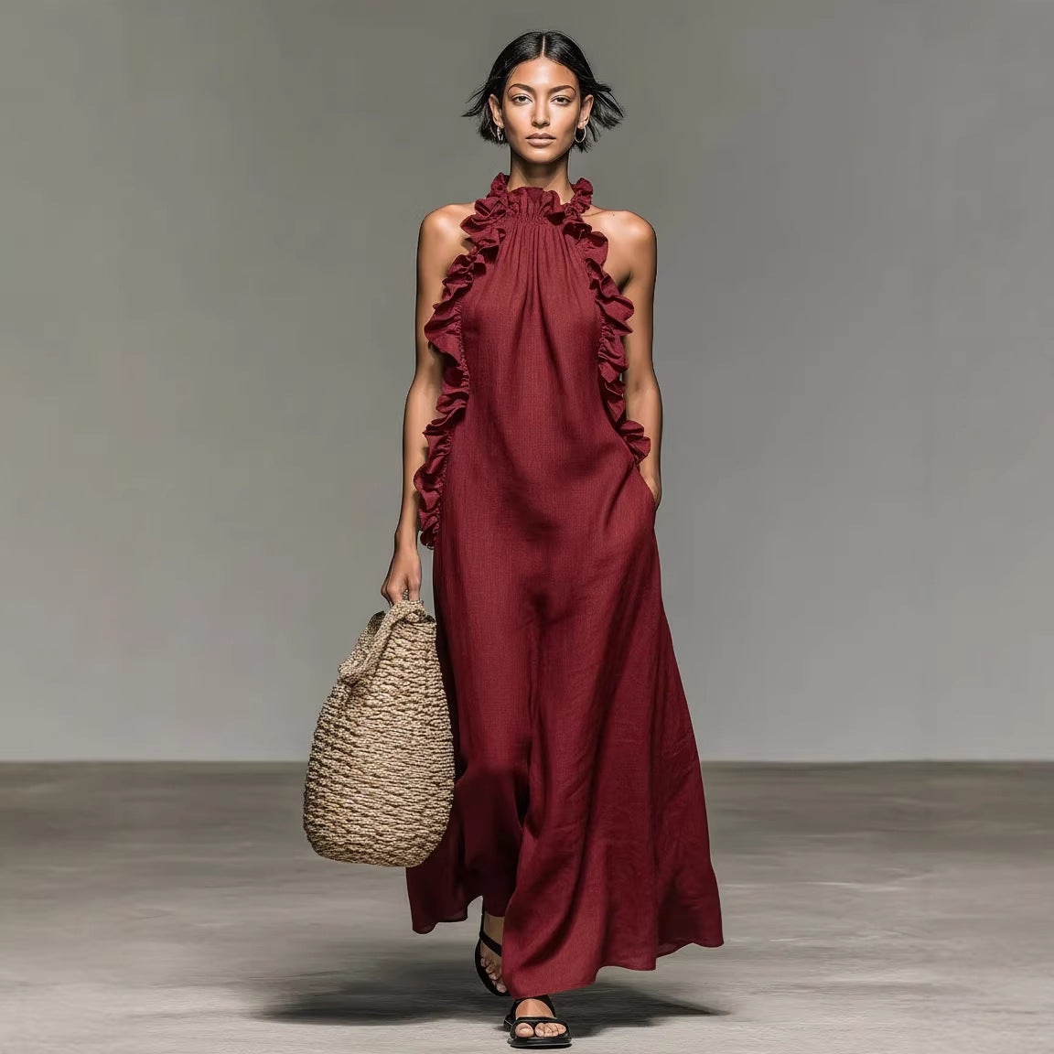 Ärmelloses Maxikleid Im Resort-Stil Mit Neckholder Und Rüschenbesatz – Seidenartiges Tragegefühl