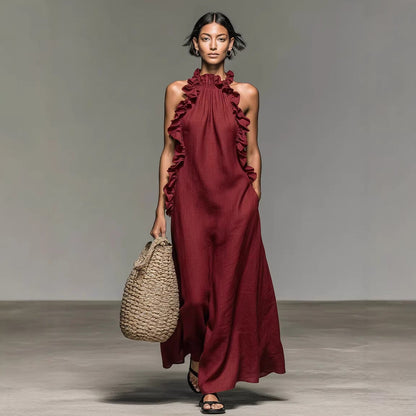 Ärmelloses Maxikleid Im Resort-Stil Mit Neckholder Und Rüschenbesatz – Seidenartiges Tragegefühl