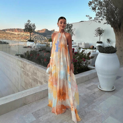 Women's Summer Maxi Dress with Print, Halter Neck, Sleeveless, Backless, Loose Fit