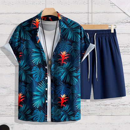 Men's Hawaiian Shirt with Lapel Button and Shorts, Two-Piece Set, Short Sleeve, Lightweight Polyester Fabric, Various Sizes