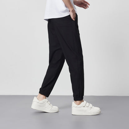 Men's summer pants made of ice silk, cool, thin, shortened, tapered slim fit, mid-rise waist, ankle-length, drawstring, micro-elastic