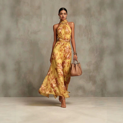 Ärmelloses, Bedrucktes Neckholder-Maxikleid Für Damen Mit Hohem Bund – Chiffon-Stil