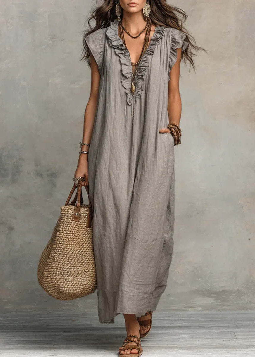 Ärmelloses A-Linien-Sommerkleid Für Damen Mit Rüschen Und Seitentaschen – Baumwollmischung