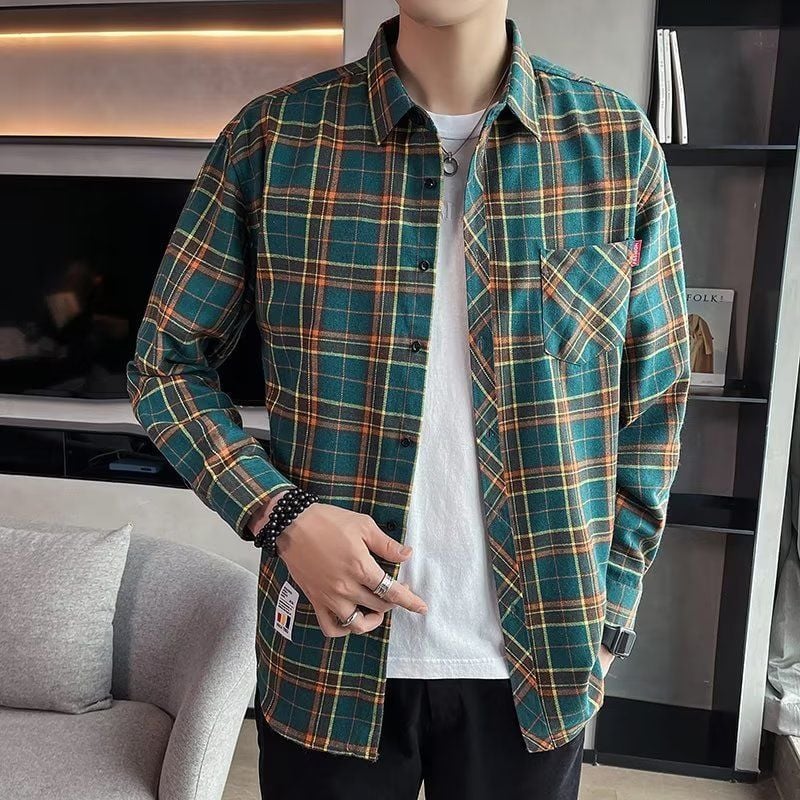 Long-sleeved checked men's shirt for spring with a slim fit