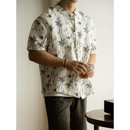 Herren Sommer T-Shirt mit Bambusblattmuster – Kurzarm Lockerer Schnitt