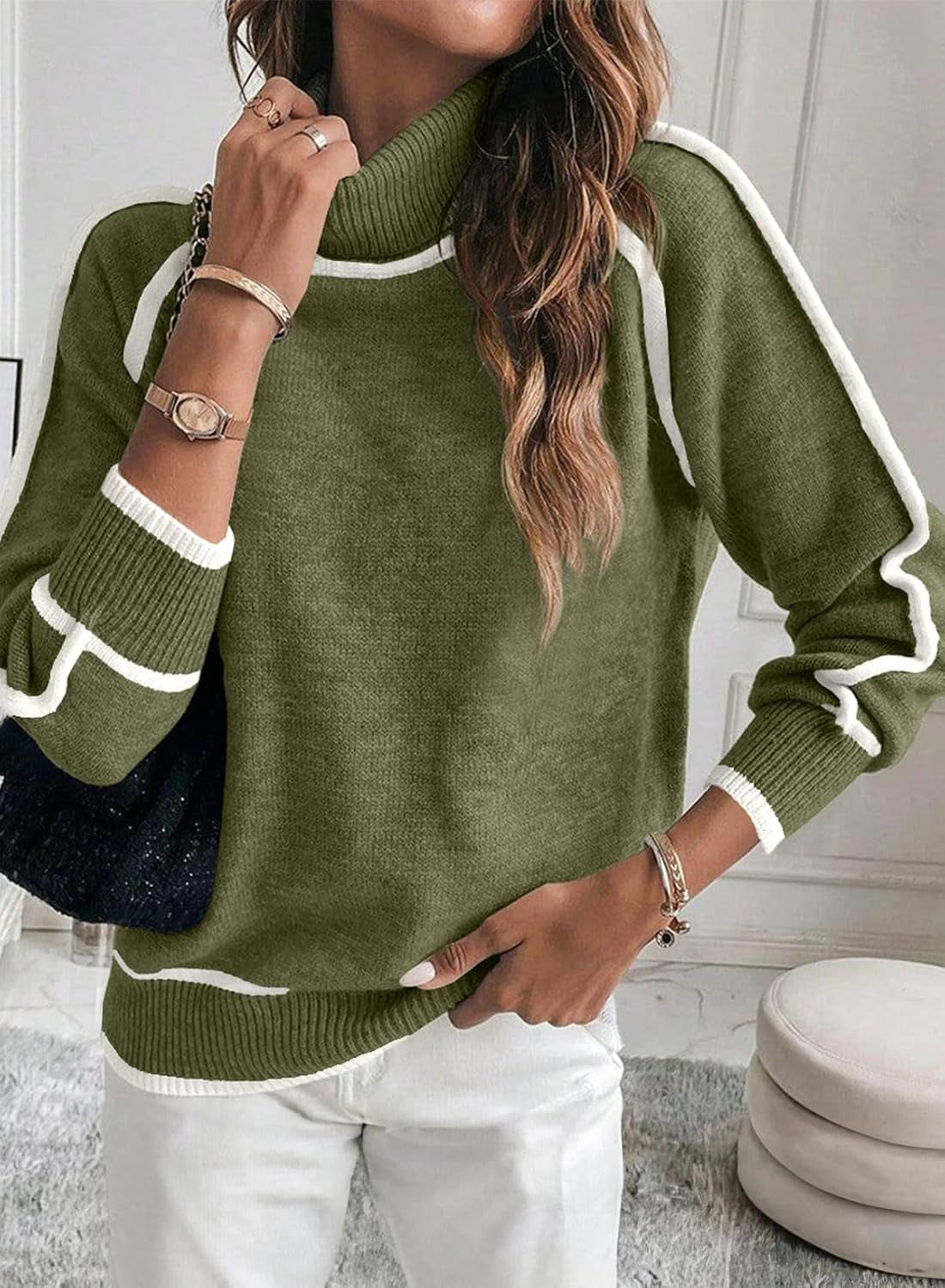 Women's sweater with high collar, solid color, knitted, with long sleeves