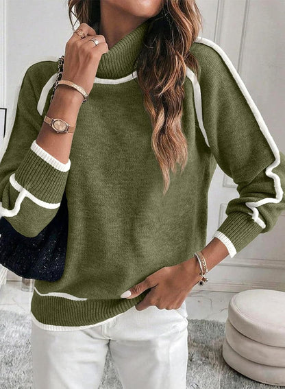 Women's sweater with high collar, solid color, knitted, with long sleeves
