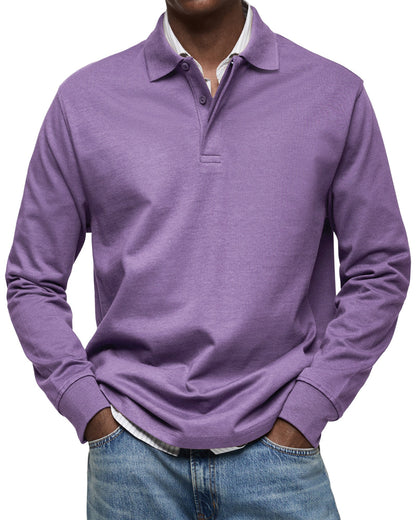 Men's Long-Sleeve Polo Shirt with Structured Collar and Button Placket