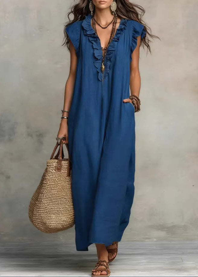 Ärmelloses A-Linien-Sommerkleid Für Damen Mit Rüschen Und Seitentaschen – Baumwollmischung