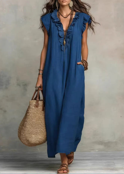 Ärmelloses A-Linien-Sommerkleid Für Damen Mit Rüschen Und Seitentaschen – Baumwollmischung