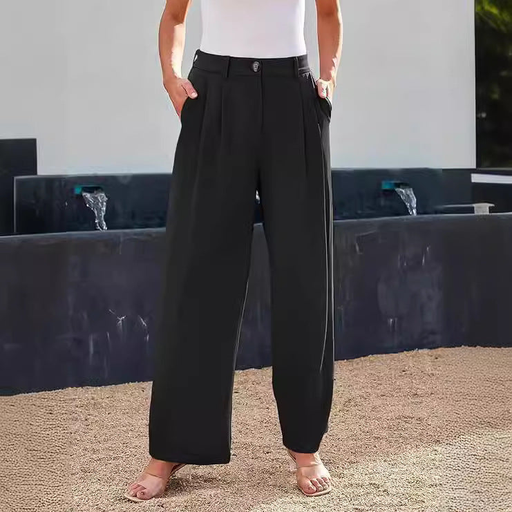 Women's business trousers with high waist, elastic waistband, and wide leg – Classic style