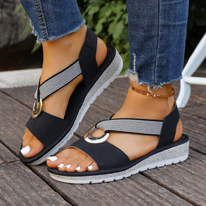 Damen-Sandalen Mit Fischmaul-Riemen, Metallschnalle Und Seildetails – Lederoptik