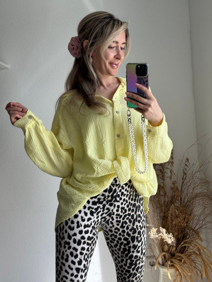 Women's Blouse Oversized Loose Fit Long Sleeve Pastel Yellow – Cotton Style