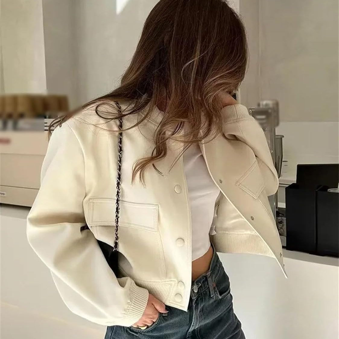 Damen Herbst Bomberjacke Mit Reverskragen Und Taschen Beige