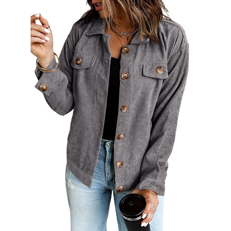 Women's shirt jacket with notch collar, front pockets, and asymmetrical hem