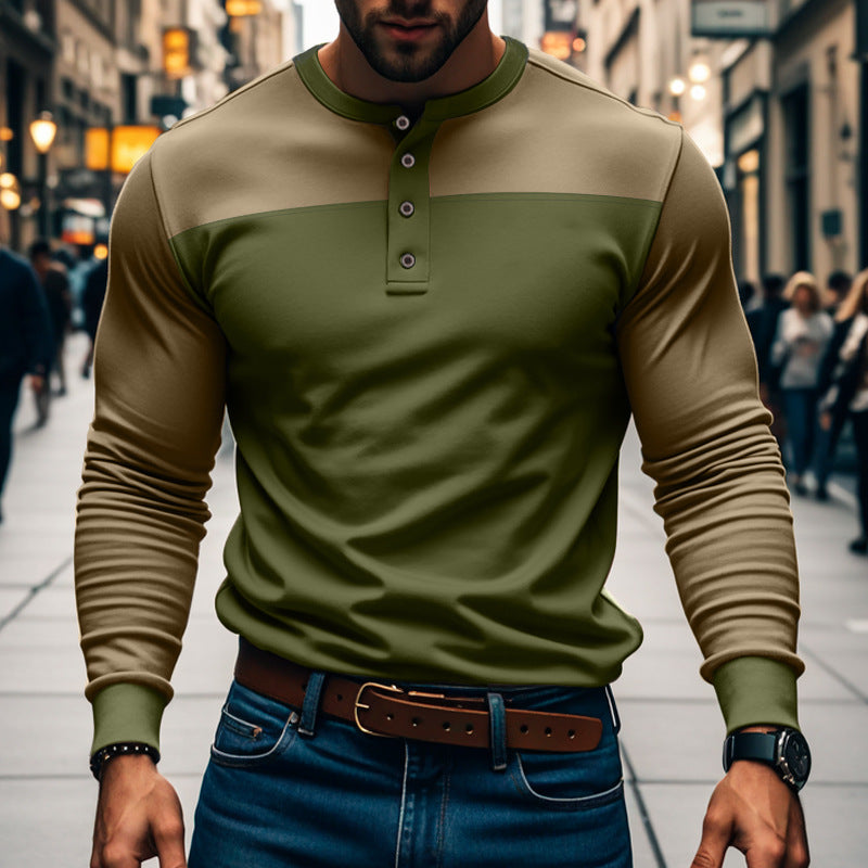 Herren Langarm-Henley-Shirt Color-Block – Baumwoll-Mix