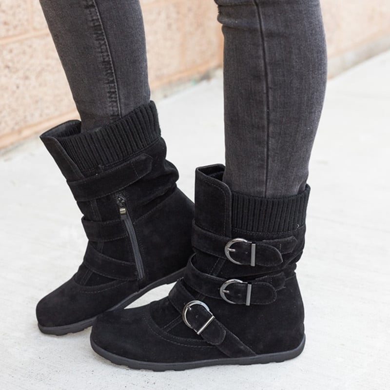 Damen Winterstiefel Mit Rundem Zeh, Flachem Absatz Und Riemen-Schnallen-Design