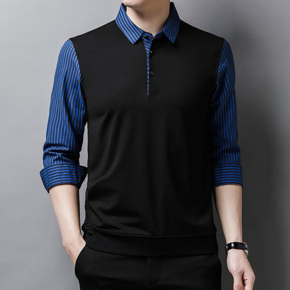 Men's Sweater-Shirt with Striped Sleeves Long Sleeve Straight Fit
