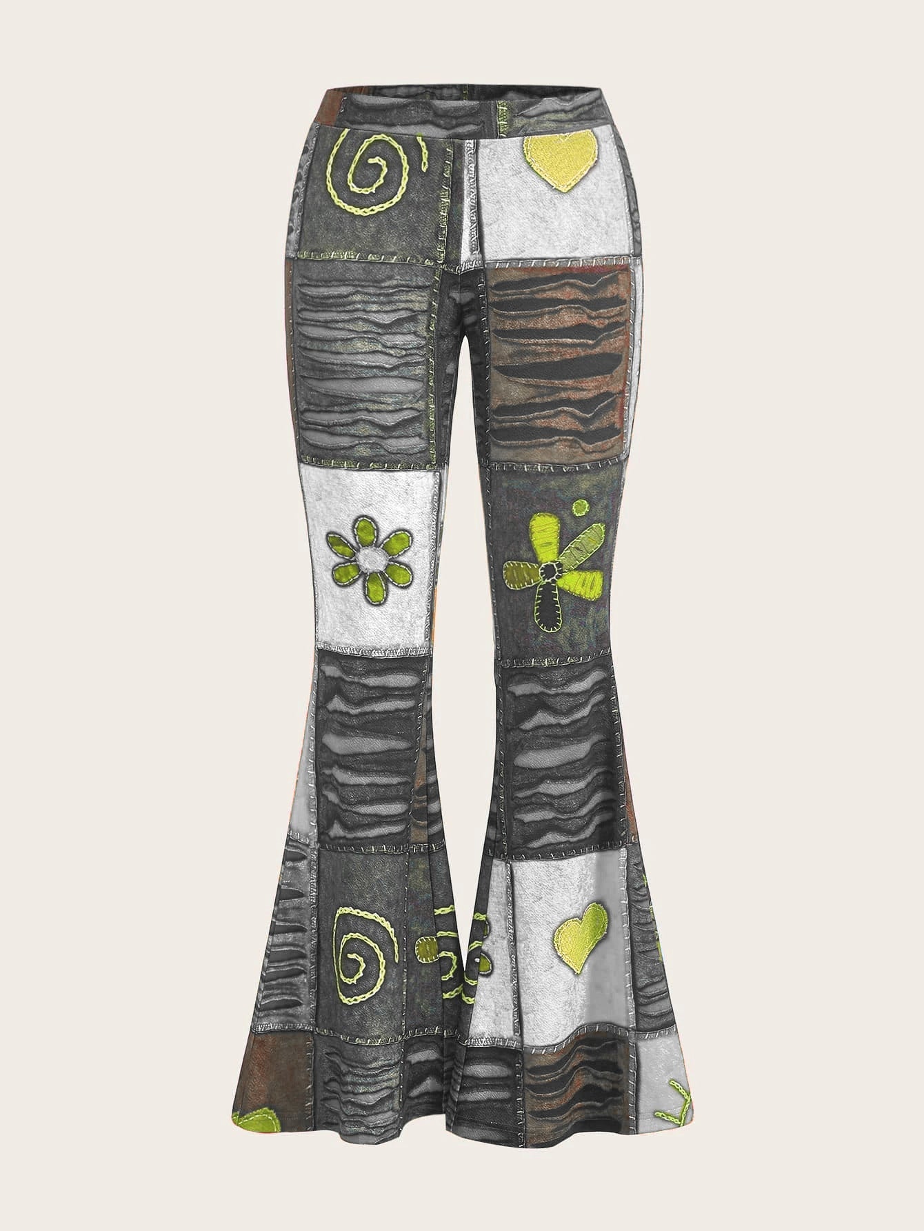 Women's bootcut trousers with print, abstract pattern, mid-rise waistband