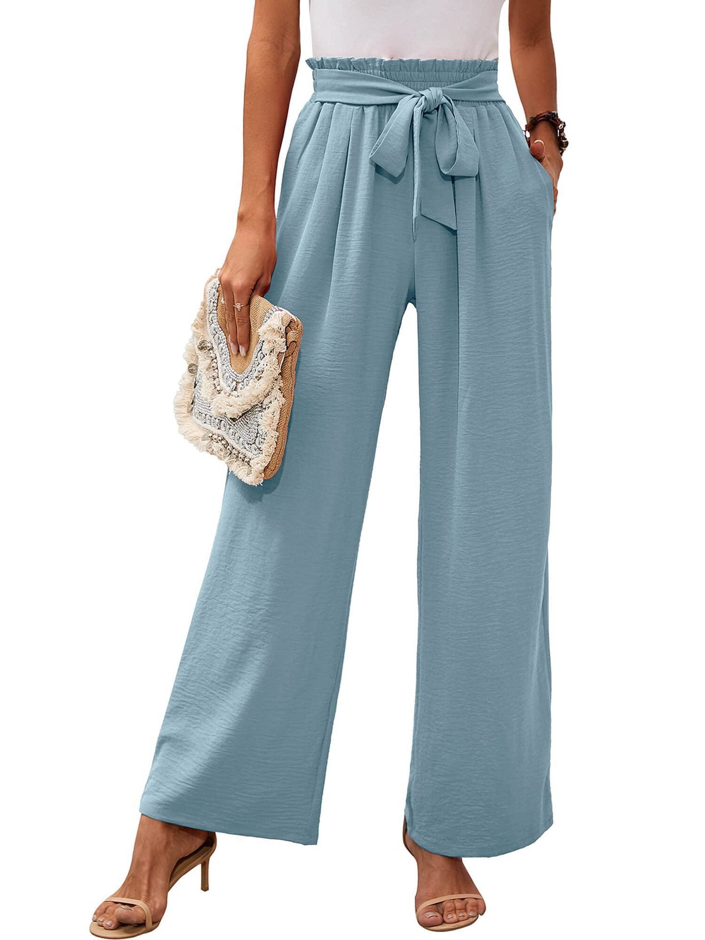 Damen-Hose mit hohem Bund, geknotetem Bund und weitem Bein – Klassischer Stil