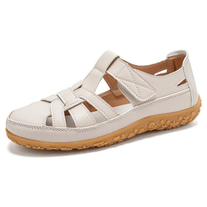 Retro-Sandalen Für Damen Mit Klettverschluss, Flacher Form, Runder Zehenpartie Und Weicher Sohle