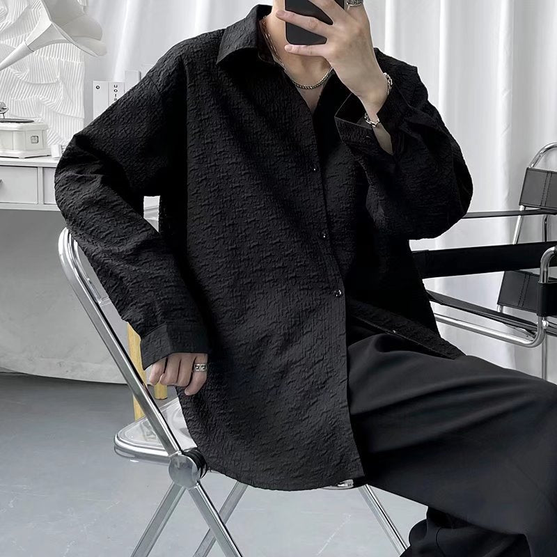 Herren Frühling Herbst Geprägtes Einfarbiges Jacquard-Strickjackenhemd Mit Langen Ärmeln Und Lockerer Passform