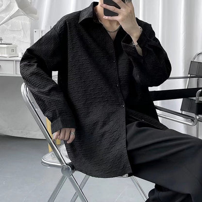 Herren Frühling Herbst Geprägtes Einfarbiges Jacquard-Strickjackenhemd Mit Langen Ärmeln Und Lockerer Passform