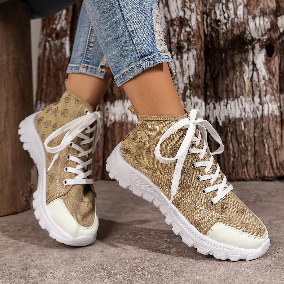 Damen Schnür Kurzstiefel mit runder Spitze und Rosenprint – Canvas Style