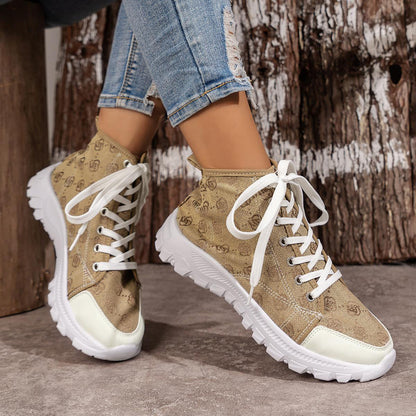 Damen Schnür Kurzstiefel mit runder Spitze und Rosenprint – Canvas Style