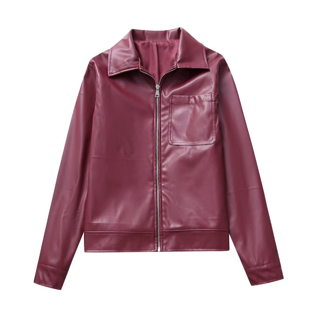 Women's biker jacket with lapel collar and front zipper